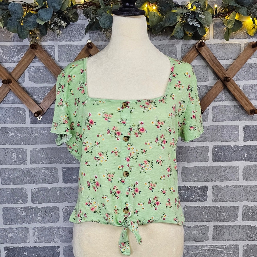 One‎ Step Up Juniors XL Green Floral Tie Front Crop Top Cottagecore Y2K Coquette